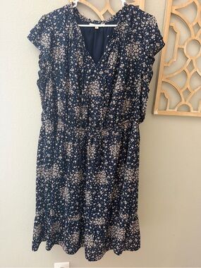 Navy Floral V-Neck Midi Dress with Ruffle Cap Sleeves
